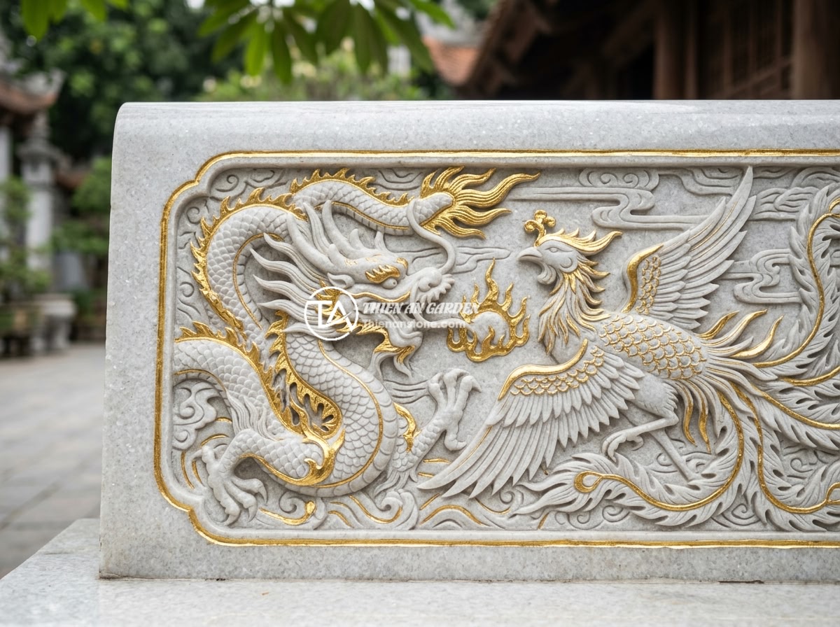 Bảng hiệu đá phong thủy cho công ty: Những mẫu được ưa chuộng nhất năm 2026 - Close-up detail of intricate dragon and phoenix carvings on a polished granite c