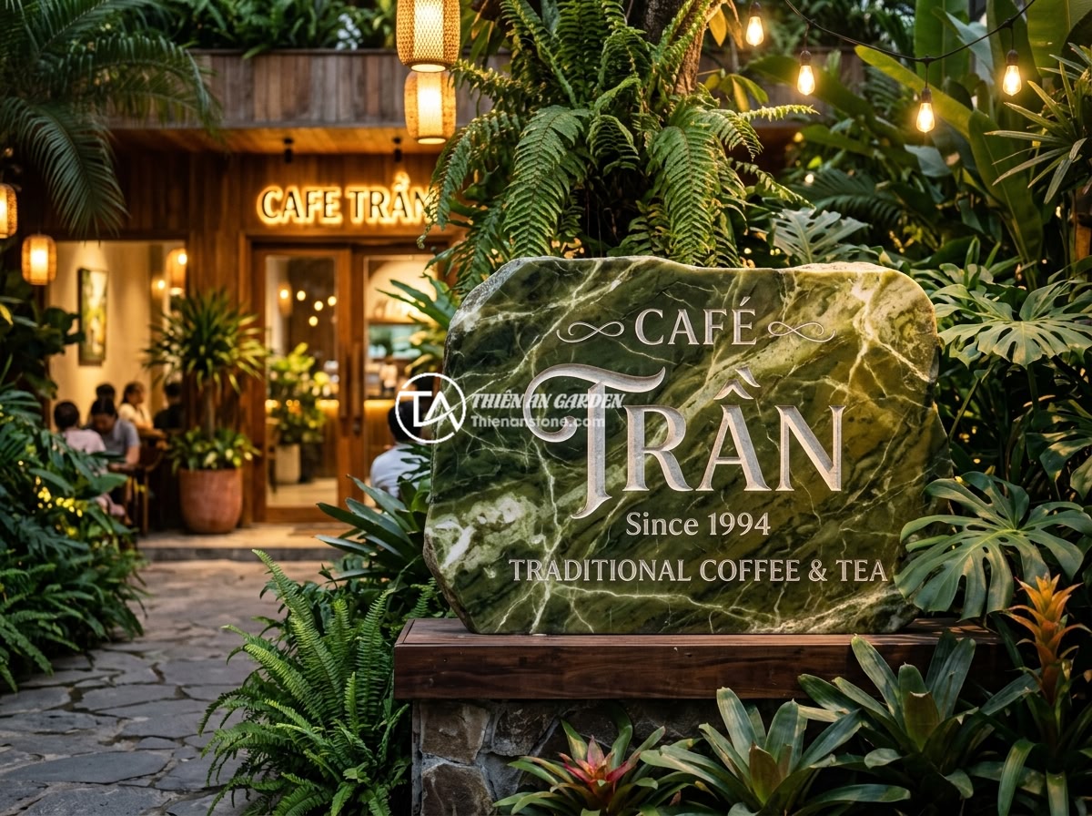 Bảng hiệu đá tự nhiên cho quán cafe, nhà hàng: Tạo không gian gần gũi và sang trọng - A luxurious natural stone signboard with elegant carved letters at the entrance 