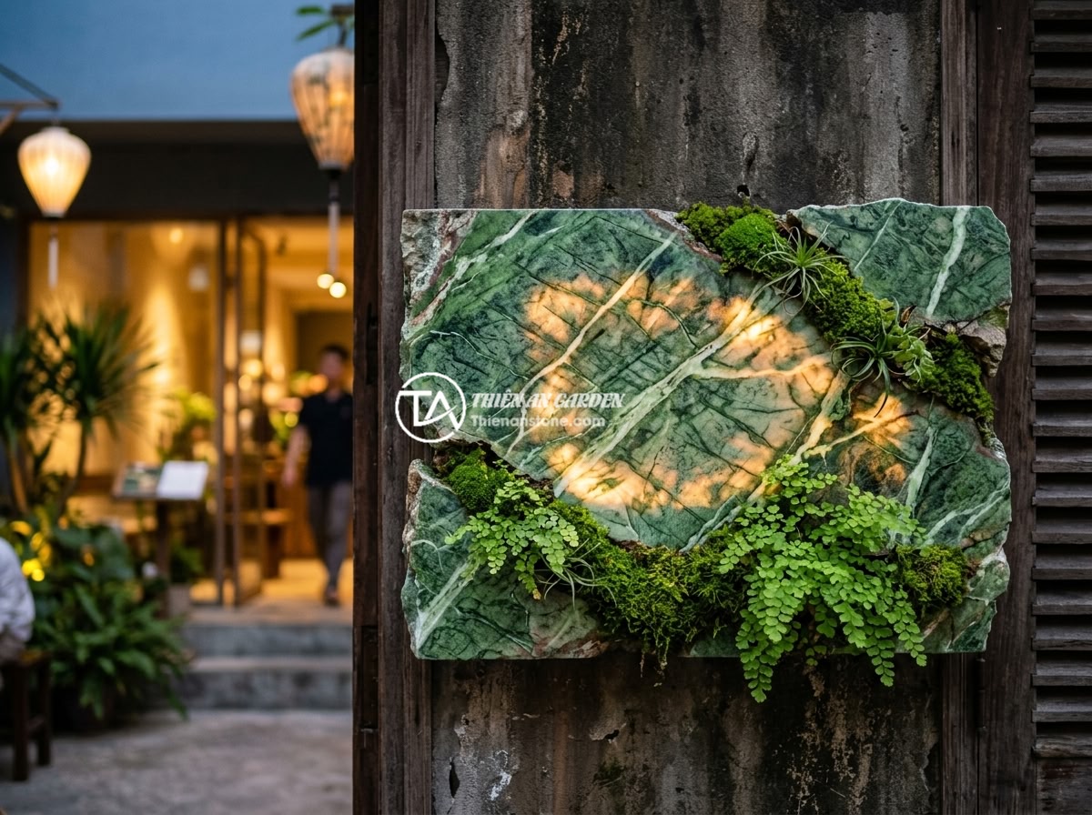 Bảng hiệu đá tự nhiên cho quán cafe, nhà hàng: Tạo không gian gần gũi và sang trọng - A futuristic natural stone signboard design for a modern Vietnamese cafe, integr