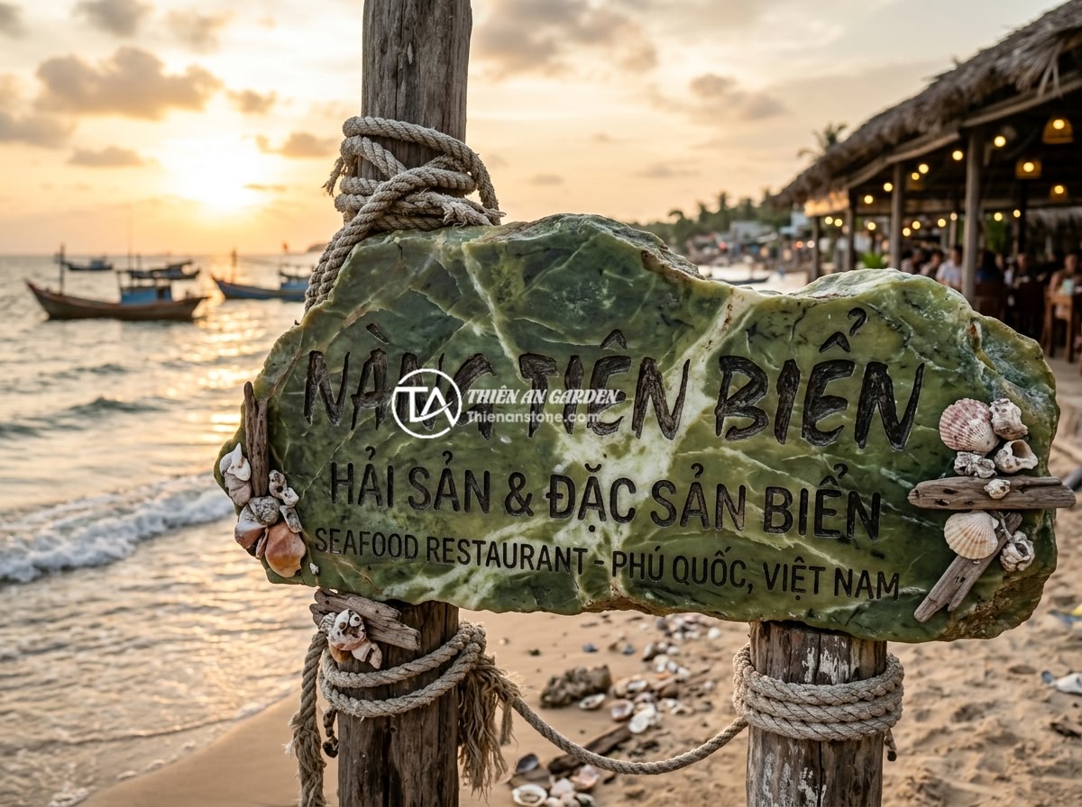 Bảng hiệu đá tự nhiên cho quán cafe, nhà hàng: Tạo không gian gần gũi và sang trọng - A rustic natural coral stone signboard for a seaside seafood restaurant in Vietn