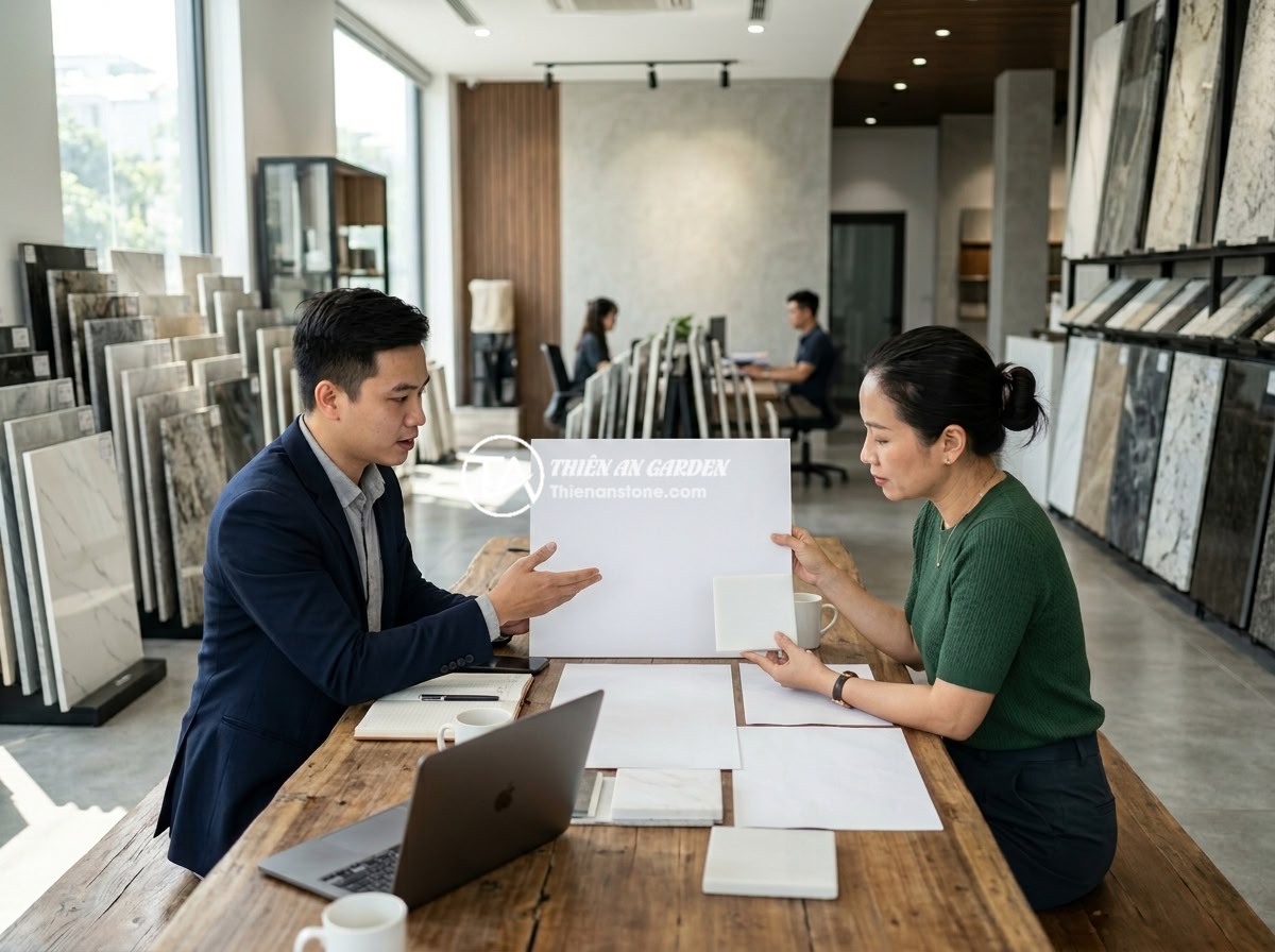 Bảng hiệu đá tự nhiên cho quán cafe, nhà hàng: Tạo không gian gần gũi và sang trọng - A professional consultation meeting between a stone expert from Thien An Stone a