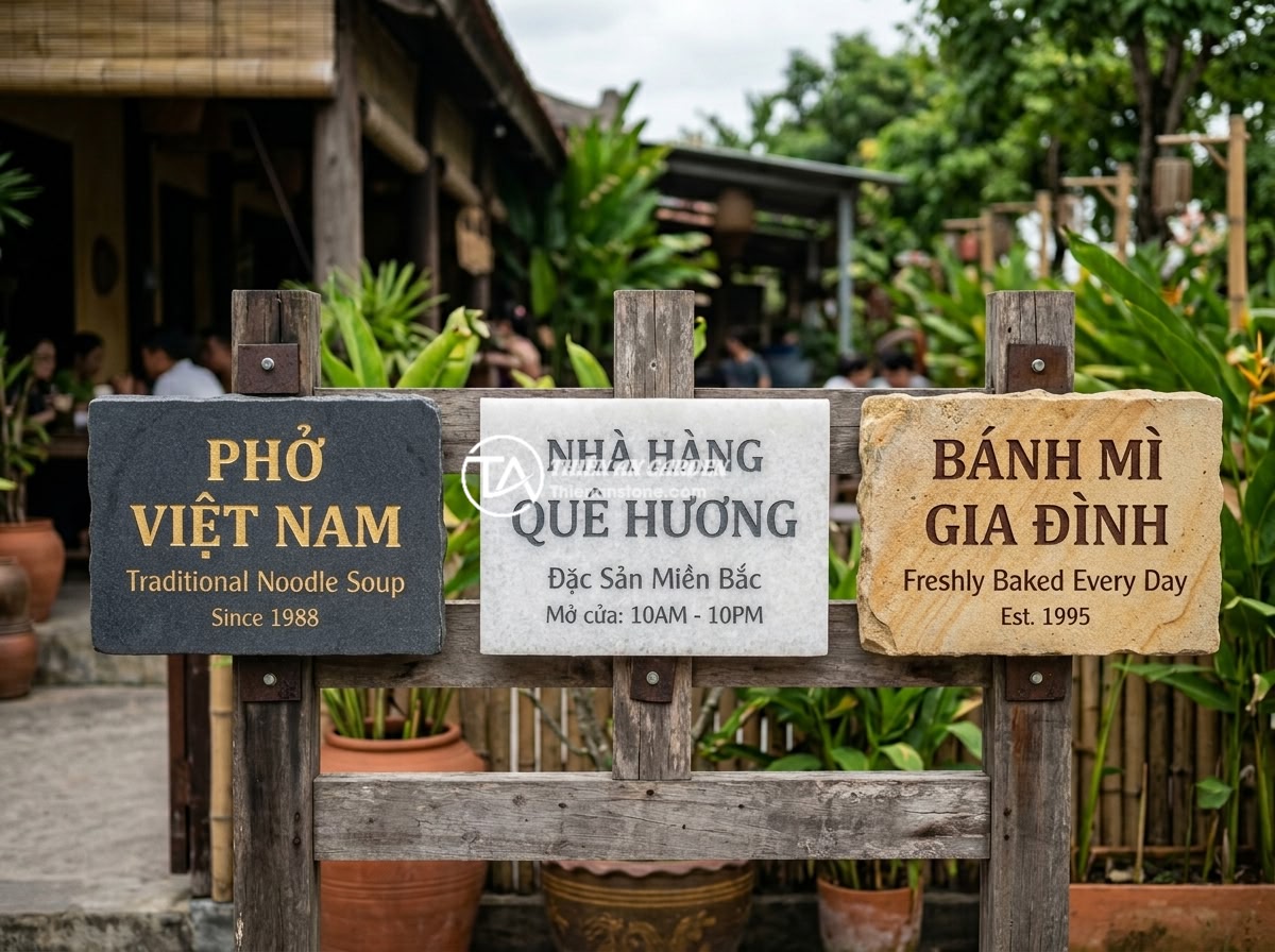 Bảng hiệu đá tự nhiên cho quán cafe, nhà hàng: Tạo không gian gần gũi và sang trọng - A comparison display showing three types of natural stone signboards side by sid