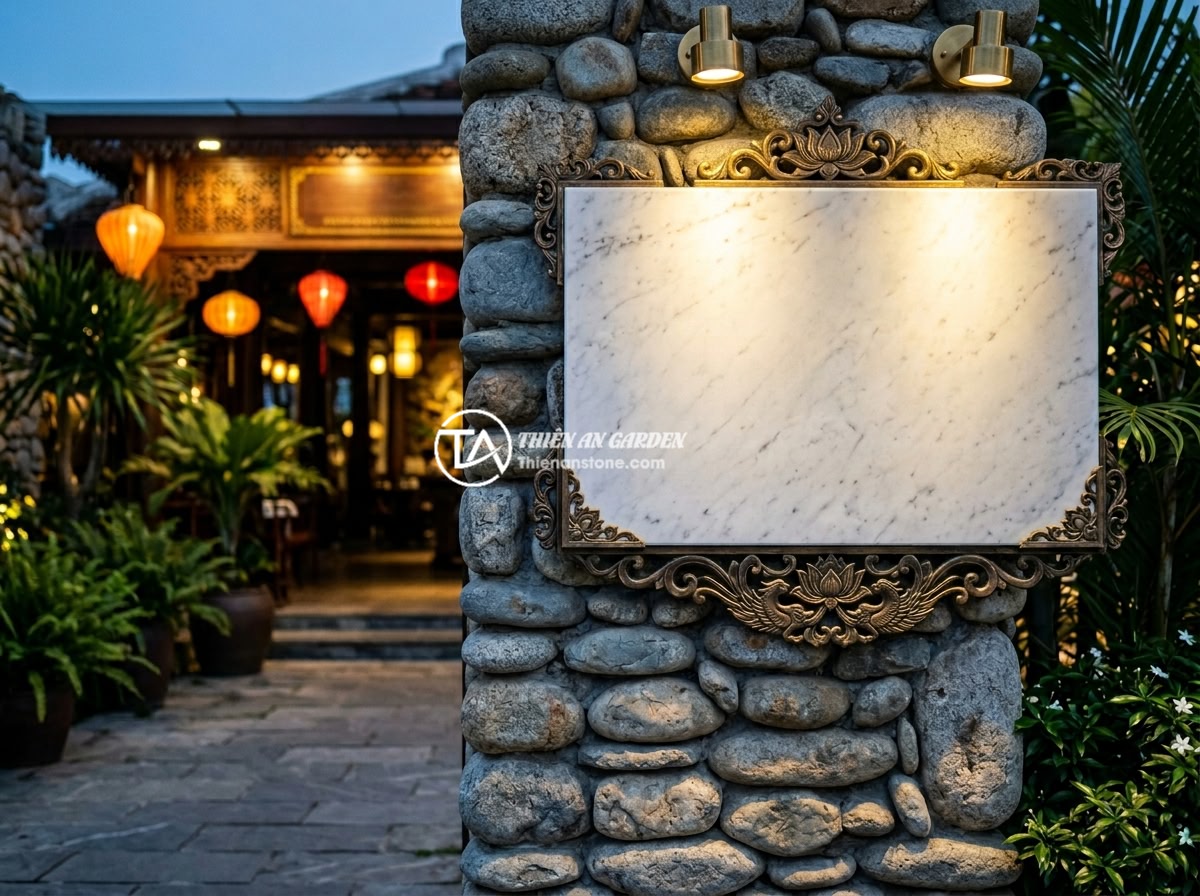Bảng hiệu đá tự nhiên cho quán cafe, nhà hàng: Tạo không gian gần gũi và sang trọng - A classical style white marble signboard with gold-leafed engraved letters for a