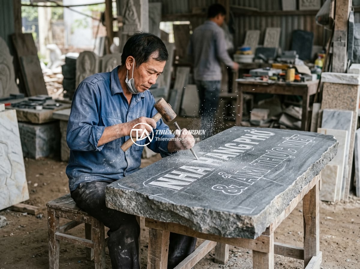Bảng hiệu đá tự nhiên cho quán cafe, nhà hàng: Tạo không gian gần gũi và sang trọng - A Vietnamese stone artisan carefully hand-carving letters on a large natural gra