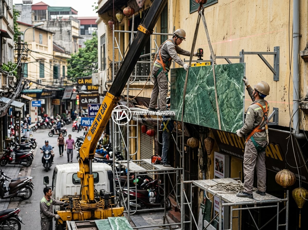 Bảng hiệu đá tự nhiên cho quán cafe, nhà hàng: Tạo không gian gần gũi và sang trọng - Professional installation team mounting a large natural stone signboard onto a r