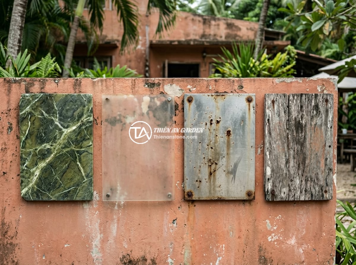 Bảng hiệu đá tự nhiên cho quán cafe, nhà hàng: Tạo không gian gần gũi và sang trọng - A side-by-side comparison photo showing four different signboard materials for c