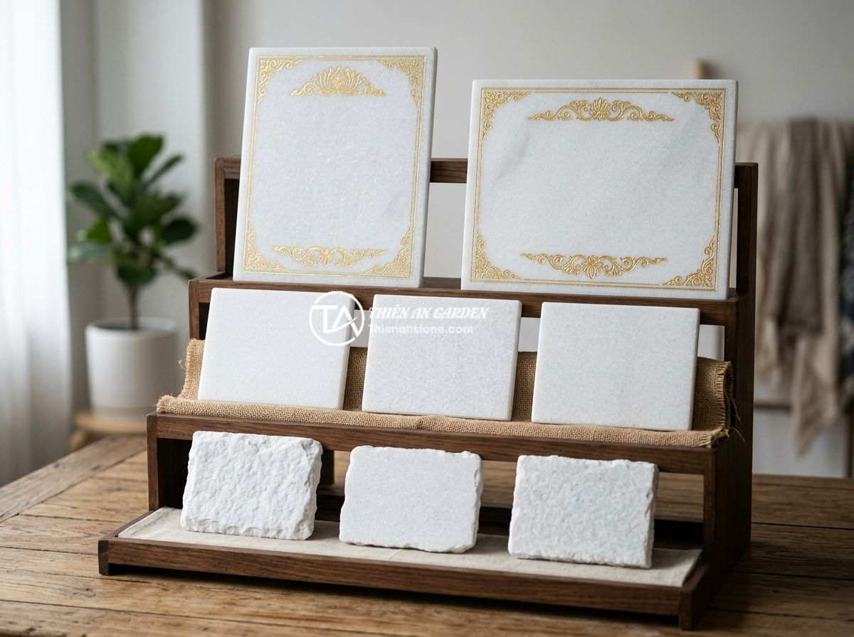Bảng hiệu đá tự nhiên cho quán cafe, nhà hàng: Tạo không gian gần gũi và sang trọng - An elegant price showcase display of three tiers of natural stone signboards for