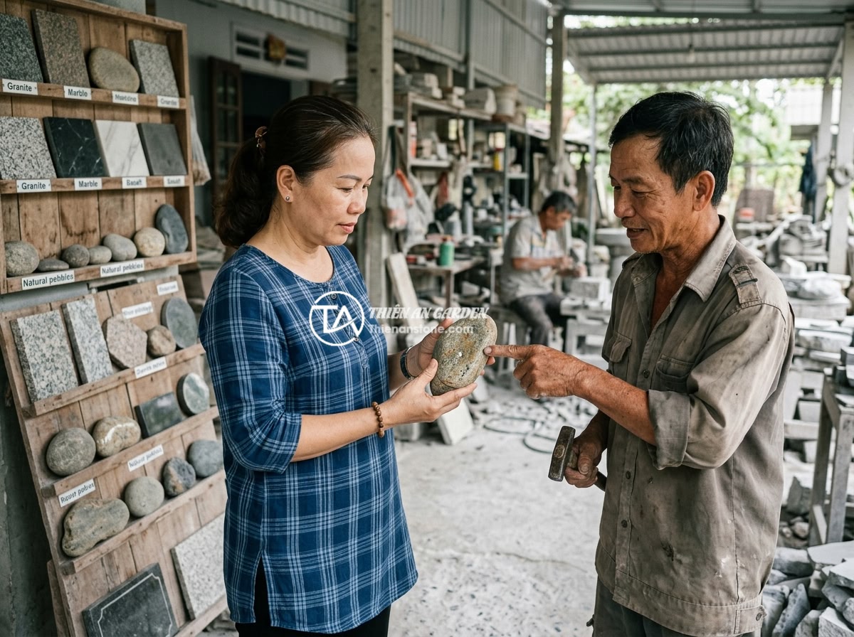 Bảng hiệu đá tự nhiên cho quán cafe, nhà hàng: Tạo không gian gần gũi và sang trọng - A customer inspecting a natural stone signboard sample at a stone workshop in Vi