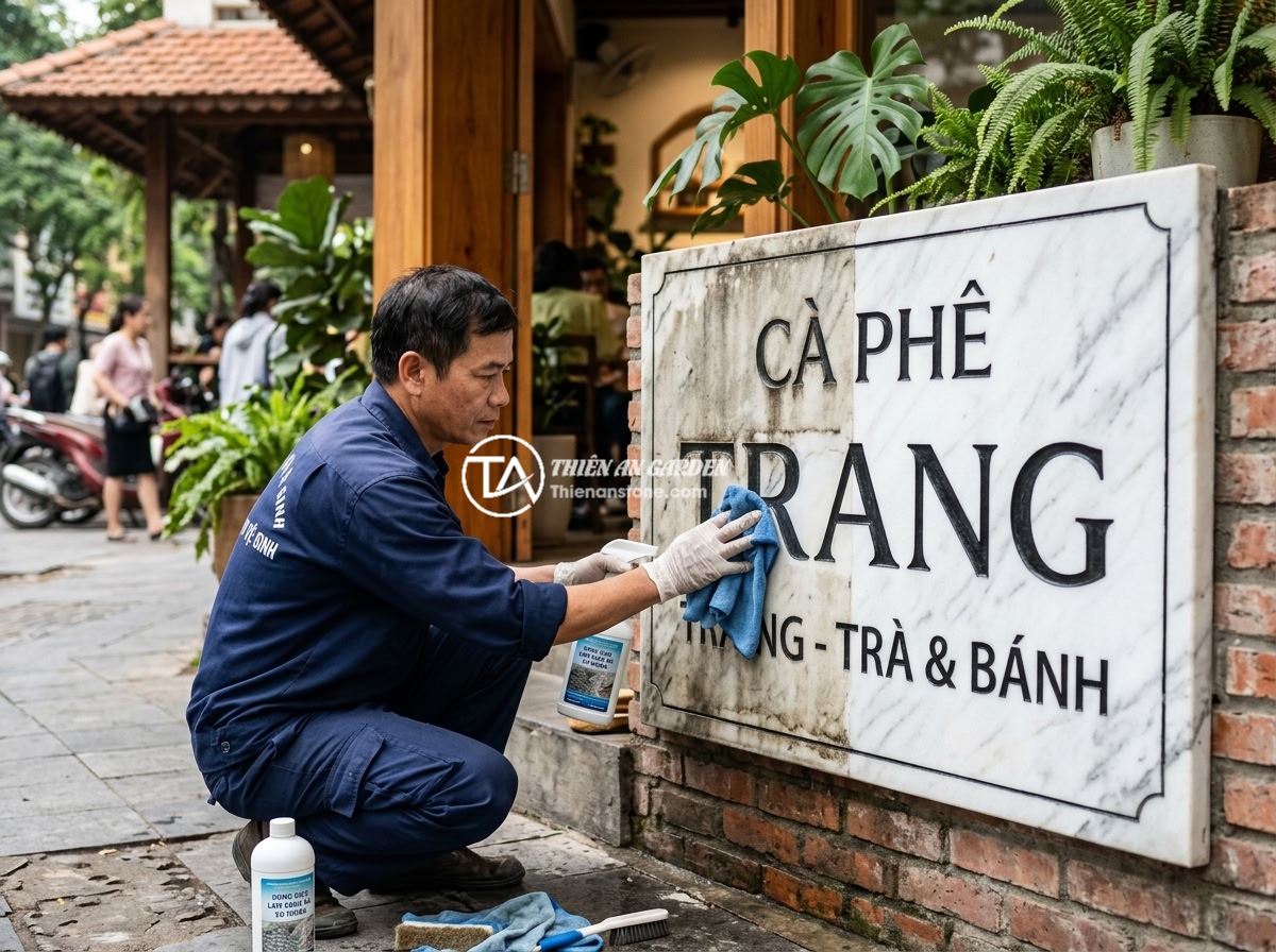 Bảng hiệu đá tự nhiên cho quán cafe, nhà hàng: Tạo không gian gần gũi và sang trọng - A maintenance worker carefully cleaning and polishing a natural stone signboard 