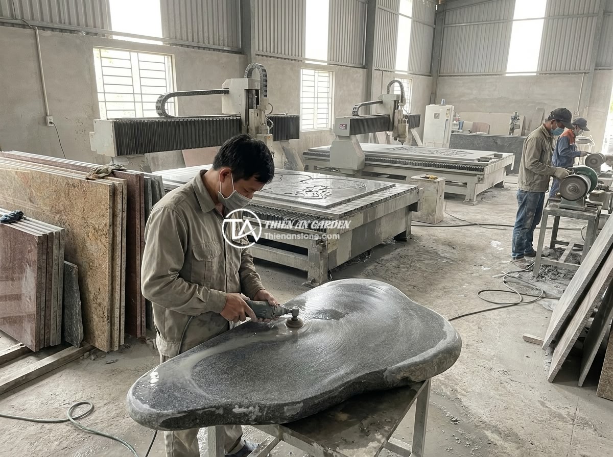 Bảng hiệu đá tự nhiên có bền không? Thực tế độ bền sau 5 năm sử dụng ngoài trời - The professional workshop of a Vietnamese natural stone company showing CNC ston