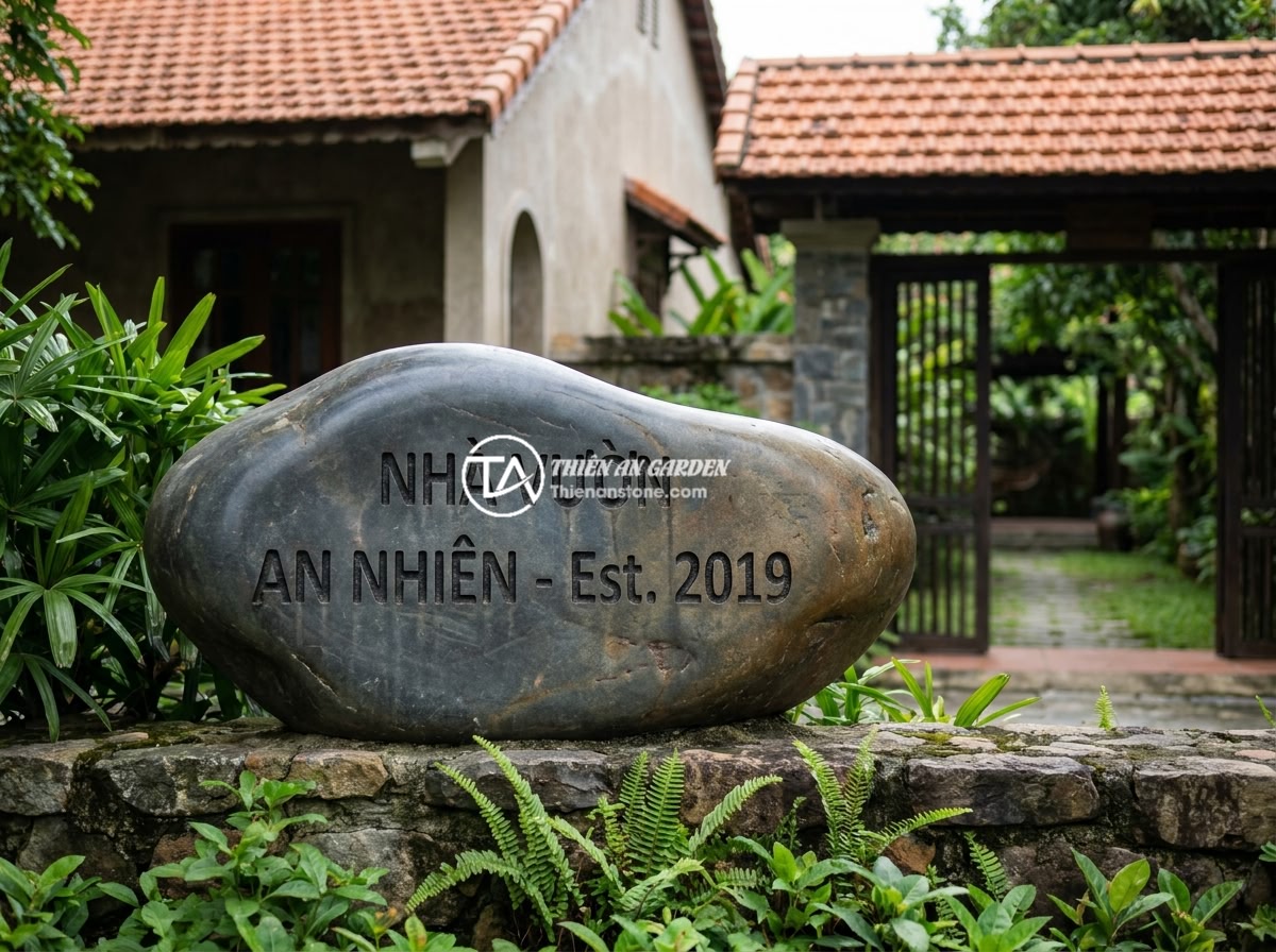 Bảng hiệu đá tự nhiên có bền không? Thực tế độ bền sau 5 năm sử dụng ngoài trời - A natural dark stone signboard installed outdoor in front of a Vietnamese villa 