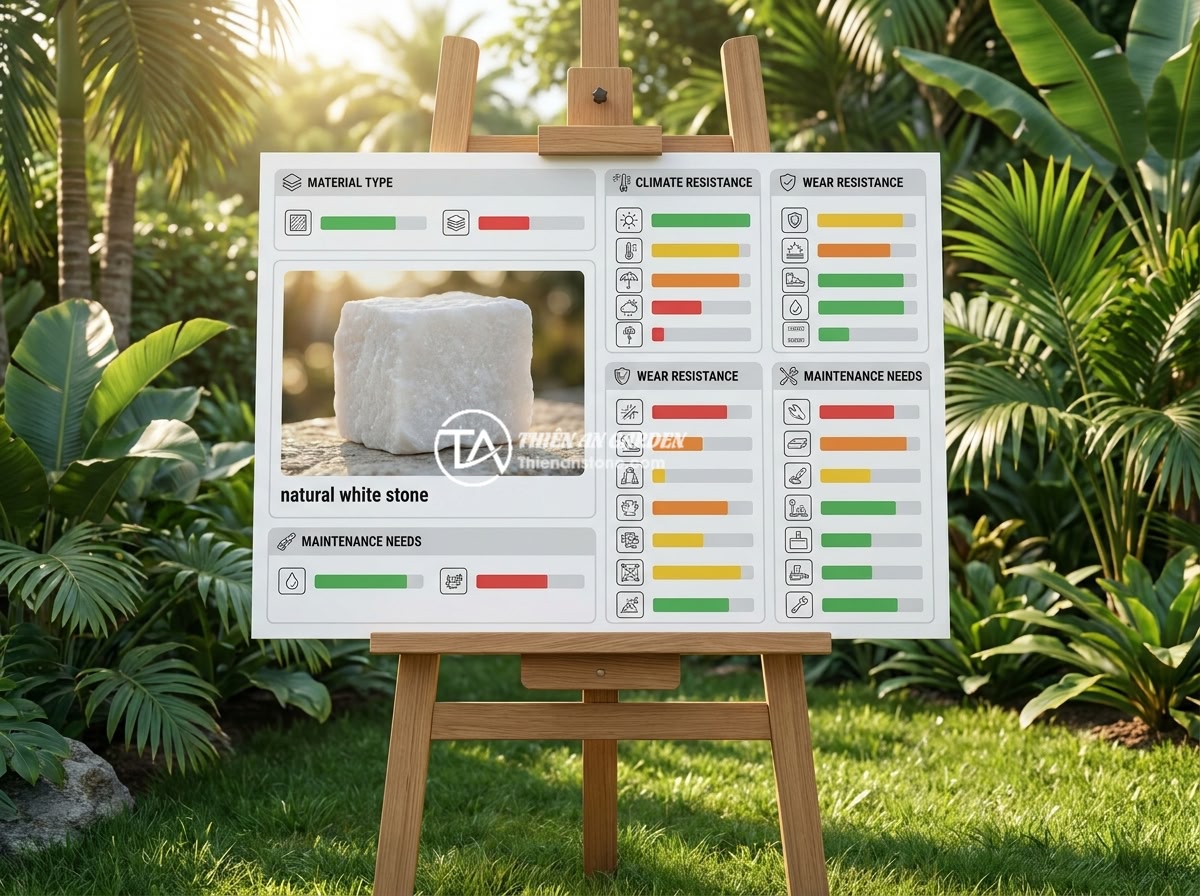 Bảng hiệu đá tự nhiên có bền không? Thực tế độ bền sau 5 năm sử dụng ngoài trời - An infographic-style comparison chart showing durability ratings of different na