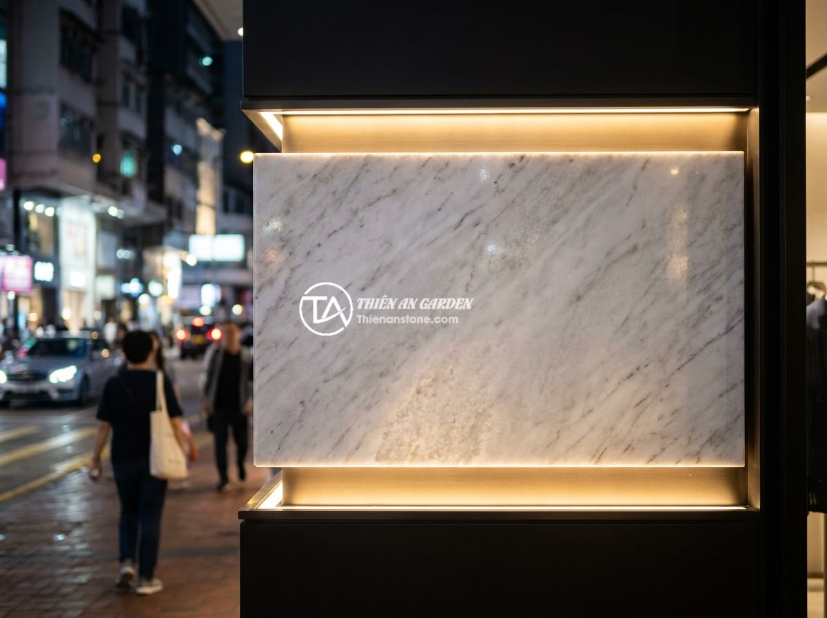 Bảng hiệu đá tự nhiên kết hợp LED: Ý tưởng hiện đại cho không gian kinh doanh về đêm - Hình 1 Bảng hiệu đá tự nhiên kết hợp LED: Ý tưởng hiện đại cho không gian kinh doanh về đêm - A luxurious natural stone business signboard illuminated by warm LED lights at n