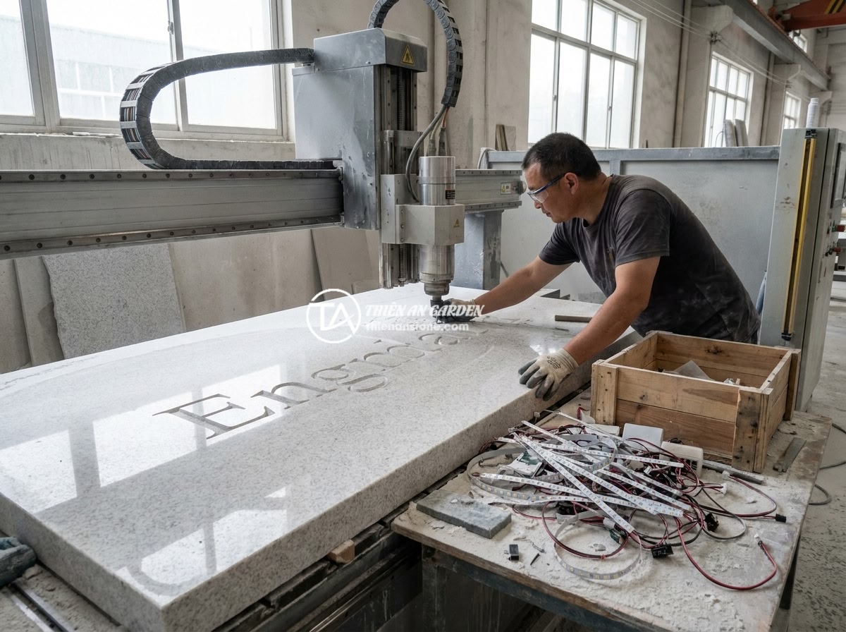 Bảng hiệu đá tự nhiên kết hợp LED: Ý tưởng hiện đại cho không gian kinh doanh về đêm - Hình 10 Bảng hiệu đá tự nhiên kết hợp LED: Ý tưởng hiện đại cho không gian kinh doanh về đêm - A professional stone craftsman using CNC machine to engrave detailed lettering o