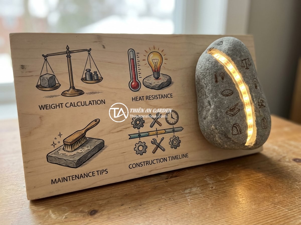 Bảng hiệu đá tự nhiên kết hợp LED: Ý tưởng hiện đại cho không gian kinh doanh về đêm - Hình 11 Bảng hiệu đá tự nhiên kết hợp LED: Ý tưởng hiện đại cho không gian kinh doanh về đêm - FAQ infographic about natural stone LED signboard showing weight calculation, he