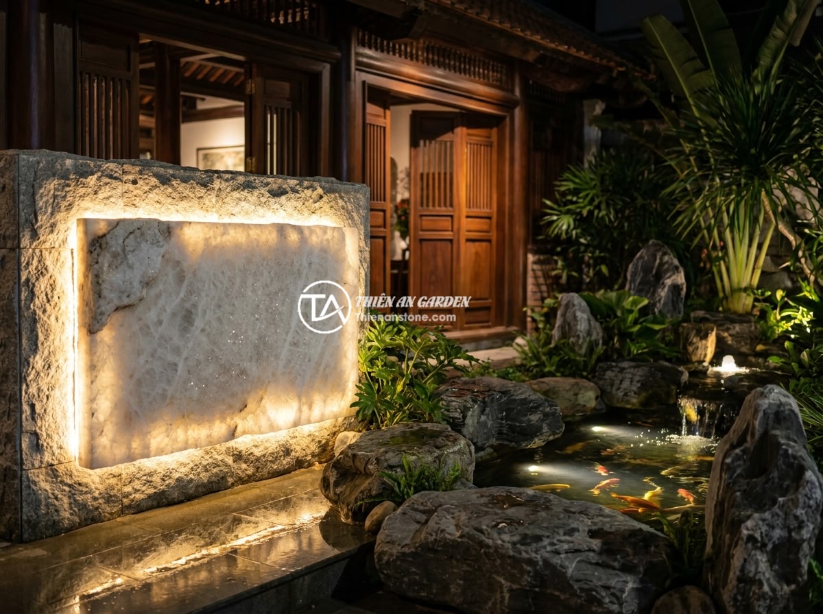 Bảng hiệu đá tự nhiên kết hợp LED: Ý tưởng hiện đại cho không gian kinh doanh về đêm - Hình 12 Bảng hiệu đá tự nhiên kết hợp LED: Ý tưởng hiện đại cho không gian kinh doanh về đêm - The completed exterior of a high-end Vietnamese restaurant at night featuring a