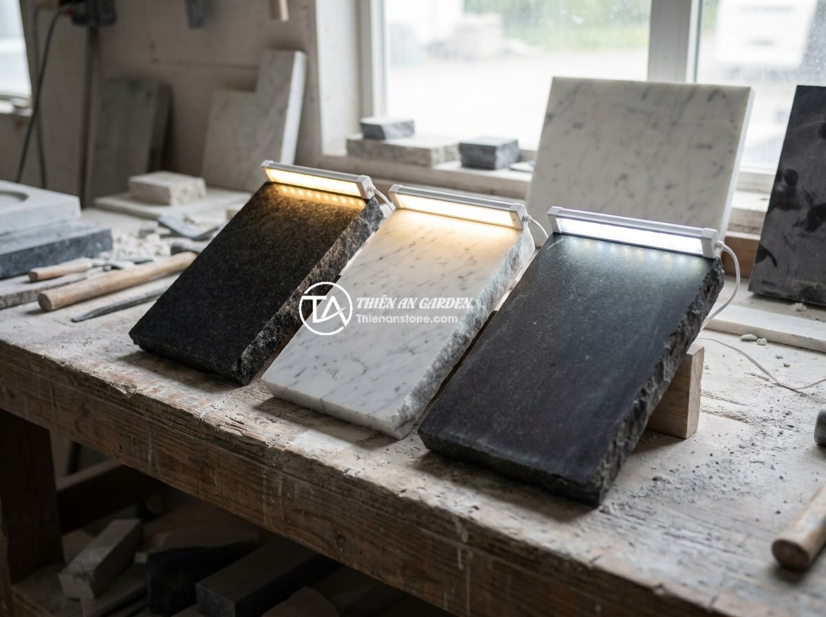 Bảng hiệu đá tự nhiên kết hợp LED: Ý tưởng hiện đại cho không gian kinh doanh về đêm - Hình 2 Bảng hiệu đá tự nhiên kết hợp LED: Ý tưởng hiện đại cho không gian kinh doanh về đêm - Comparison of three natural stone signboard samples - black granite, white marbl