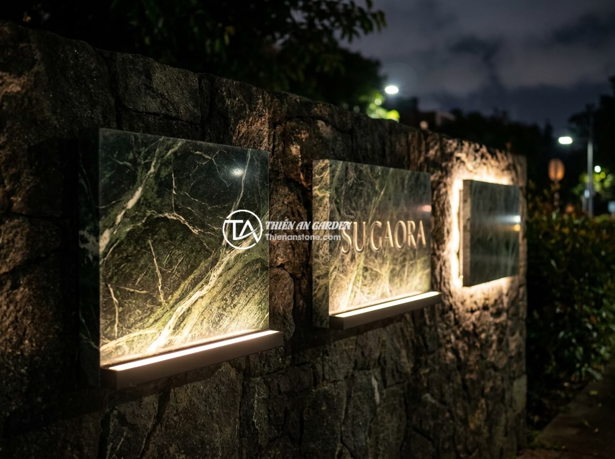 Bảng hiệu đá tự nhiên kết hợp LED: Ý tưởng hiện đại cho không gian kinh doanh về đêm - Hình 3 Bảng hiệu đá tự nhiên kết hợp LED: Ý tưởng hiện đại cho không gian kinh doanh về đêm - Three different LED integration methods on natural stone signboards showing bott