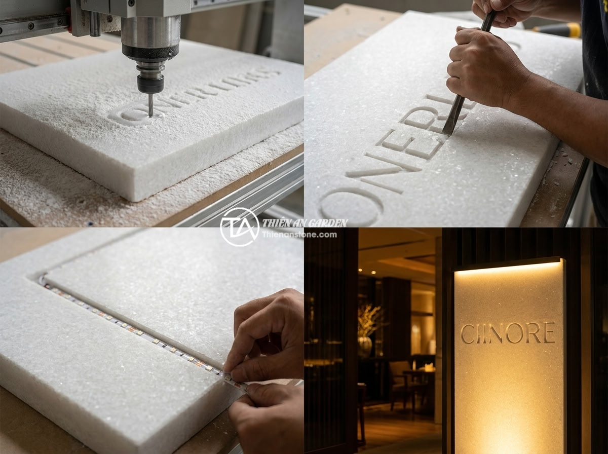 Bảng hiệu đá tự nhiên kết hợp LED: Ý tưởng hiện đại cho không gian kinh doanh về đêm - Hình 4 Bảng hiệu đá tự nhiên kết hợp LED: Ý tưởng hiện đại cho không gian kinh doanh về đêm - Step-by-step construction process of a natural stone signboard with LED, showing