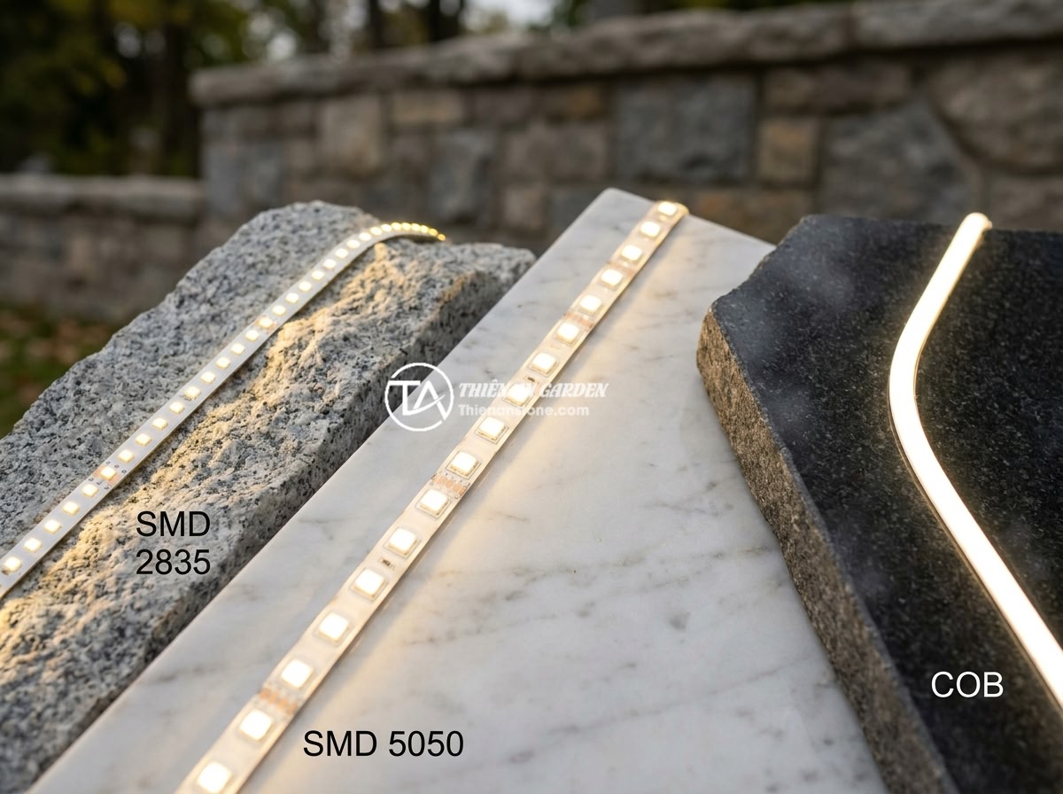 Bảng hiệu đá tự nhiên kết hợp LED: Ý tưởng hiện đại cho không gian kinh doanh về đêm - Hình 7 Bảng hiệu đá tự nhiên kết hợp LED: Ý tưởng hiện đại cho không gian kinh doanh về đêm - Close-up of different LED strip types (SMD 2835, SMD 5050, COB) installed on nat