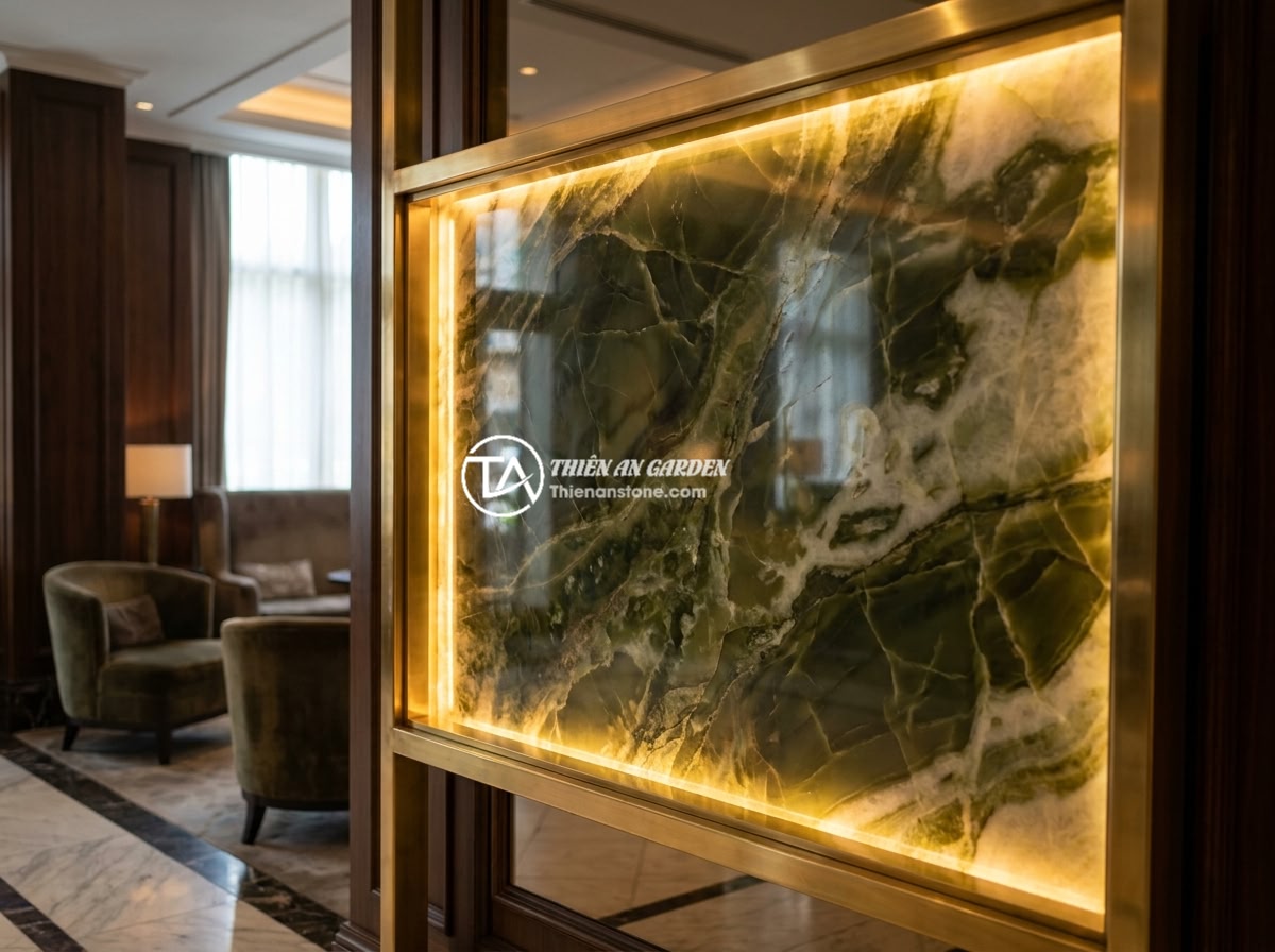 Bảng hiệu đá tự nhiên kết hợp LED: Ý tưởng hiện đại cho không gian kinh doanh về đêm - Hình 9 Bảng hiệu đá tự nhiên kết hợp LED: Ý tưởng hiện đại cho không gian kinh doanh về đêm - A stunning translucent onyx stone signboard backlit by LED panel inside a luxury