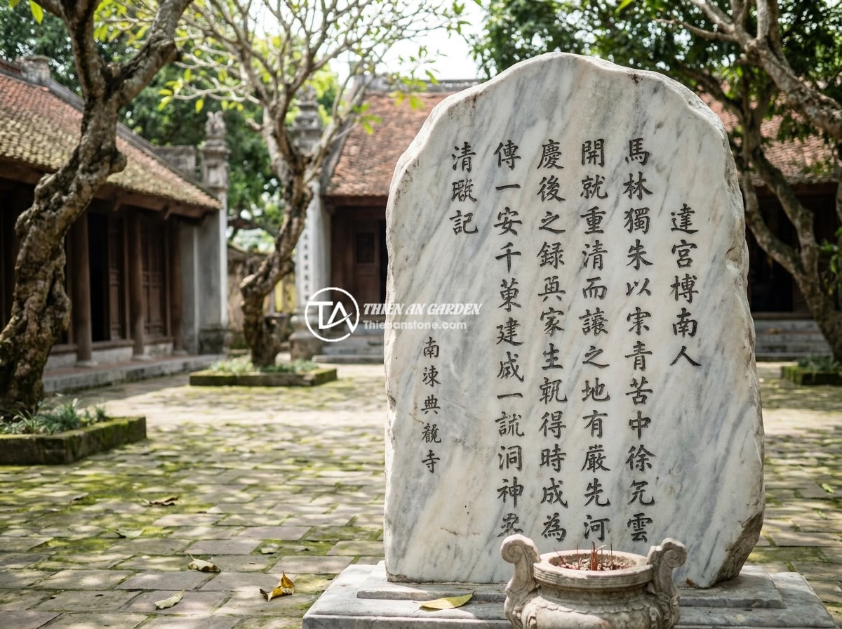 Bảng hiệu đá tự nhiên là gì? Ưu điểm vượt trội và các loại đá phổ biến dùng làm bảng hiệu - Hình 2 Bảng hiệu đá tự nhiên là gì? Ưu điểm vượt trội và các loại đá phổ biến dùng làm bảng hiệu - Historical Vietnamese stone stele with ancient carved calligraphy characters at