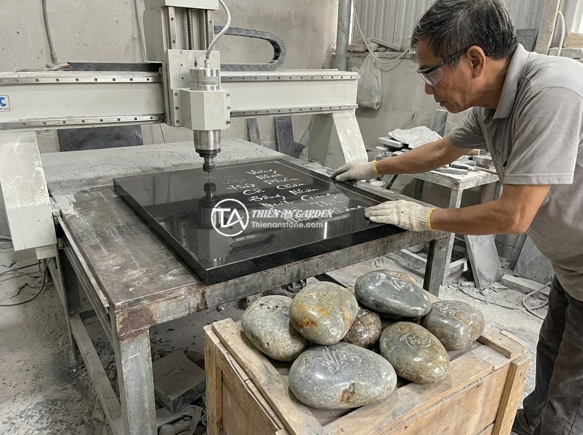 Bảng hiệu đá tự nhiên là gì? Ưu điểm vượt trội và các loại đá phổ biến dùng làm bảng hiệu - Hình 6 Bảng hiệu đá tự nhiên là gì? Ưu điểm vượt trội và các loại đá phổ biến dùng làm bảng hiệu - Craftsman carefully engraving detailed Vietnamese calligraphy letters on a polis