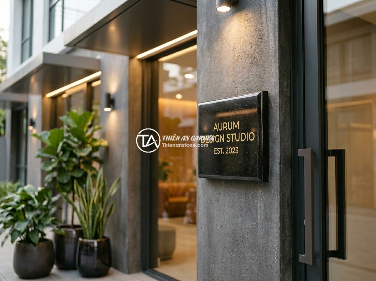 Bảng hiệu đá tự nhiên mini cho văn phòng nhỏ và tiệm kinh doanh cá nhân - A small elegant natural stone signboard made of polished black granite with lase