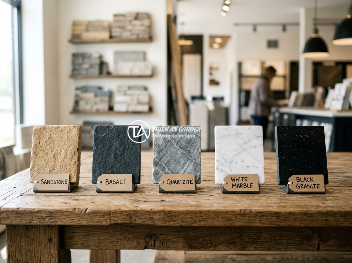 Bảng hiệu đá tự nhiên mini cho văn phòng nhỏ và tiệm kinh doanh cá nhân - A collection of five mini natural stone signboards made from different stone typ