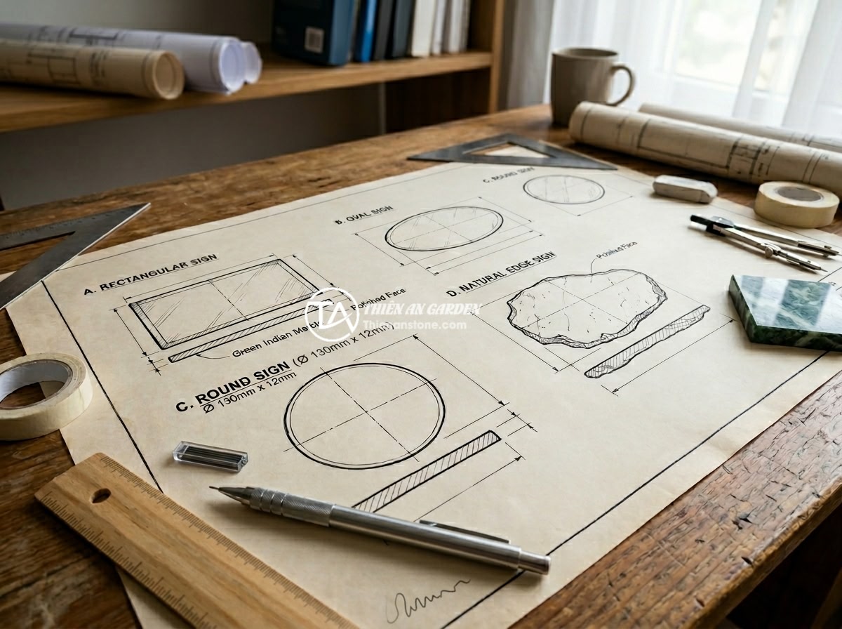 Bảng hiệu đá tự nhiên mini cho văn phòng nhỏ và tiệm kinh doanh cá nhân - Design blueprint showing various shapes and sizes of mini natural stone signboar