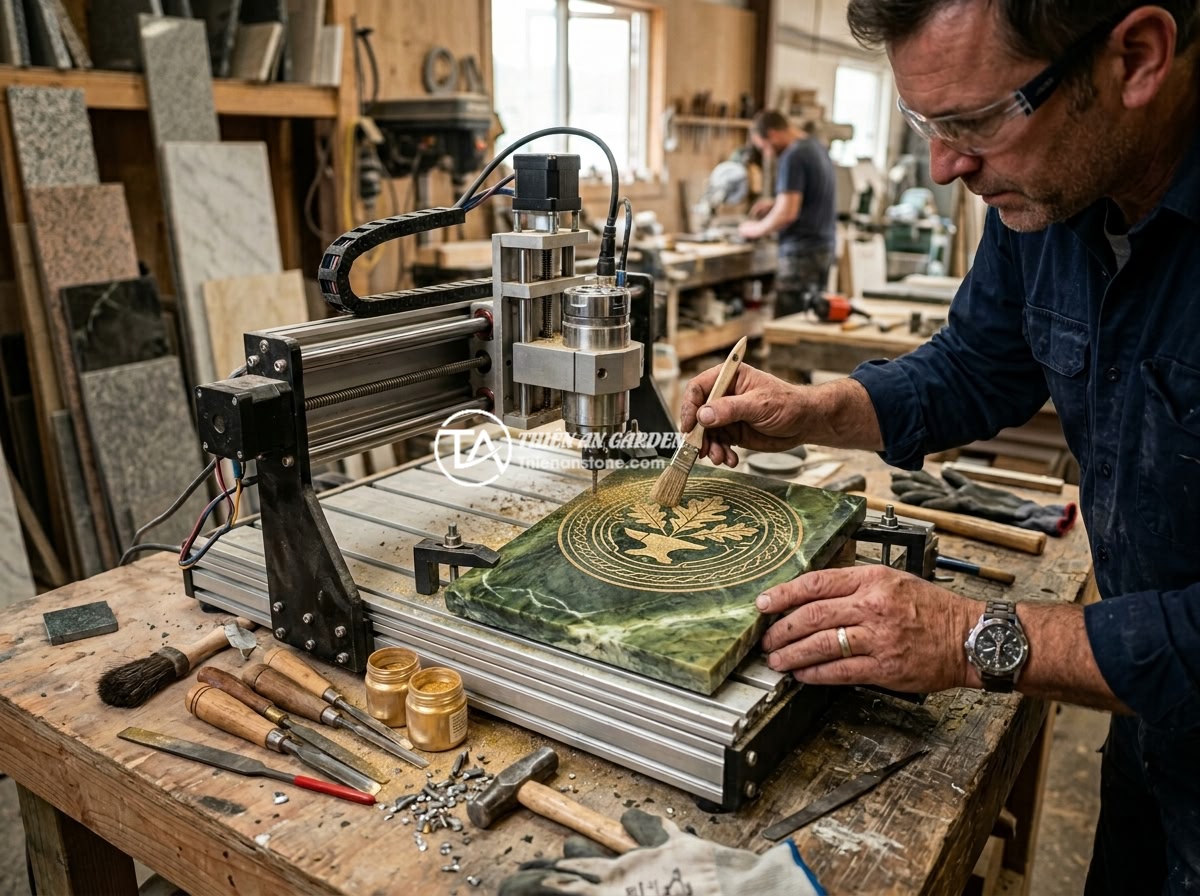 Bảng hiệu đá tự nhiên mini cho văn phòng nhỏ và tiệm kinh doanh cá nhân - Close-up of a craftsman using CNC machine to engrave detailed logo on a mini bla
