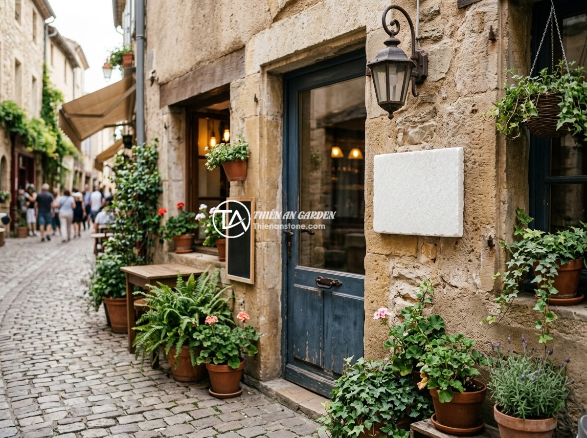 Bảng hiệu đá tự nhiên mini cho văn phòng nhỏ và tiệm kinh doanh cá nhân - A charming small coffee shop entrance with a mini natural stone signboard made o