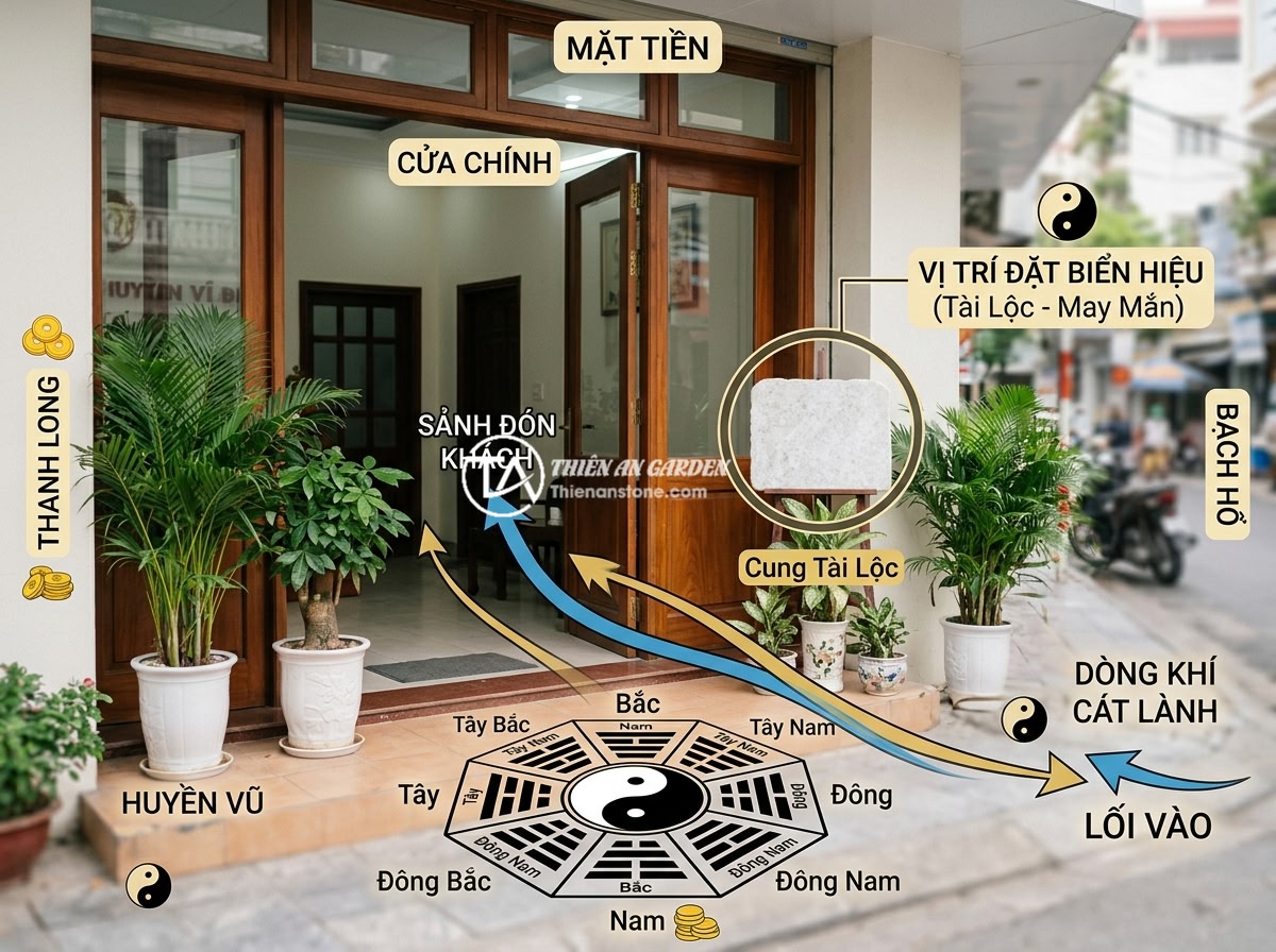 Bảng hiệu đá tự nhiên mini cho văn phòng nhỏ và tiệm kinh doanh cá nhân - A feng shui diagram showing the ideal placement of a mini natural stone signboar