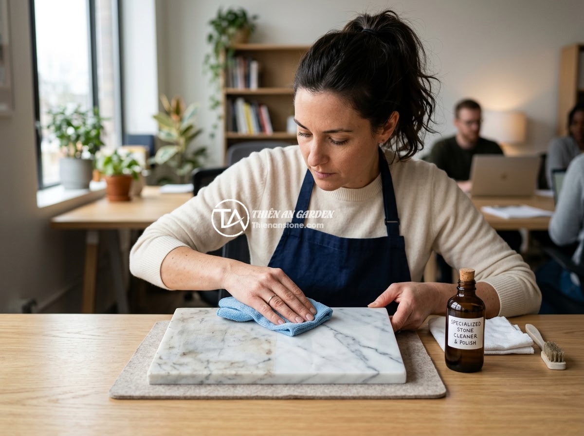Bảng hiệu đá tự nhiên mini cho văn phòng nhỏ và tiệm kinh doanh cá nhân - A person carefully cleaning and polishing a mini white marble signboard with a s