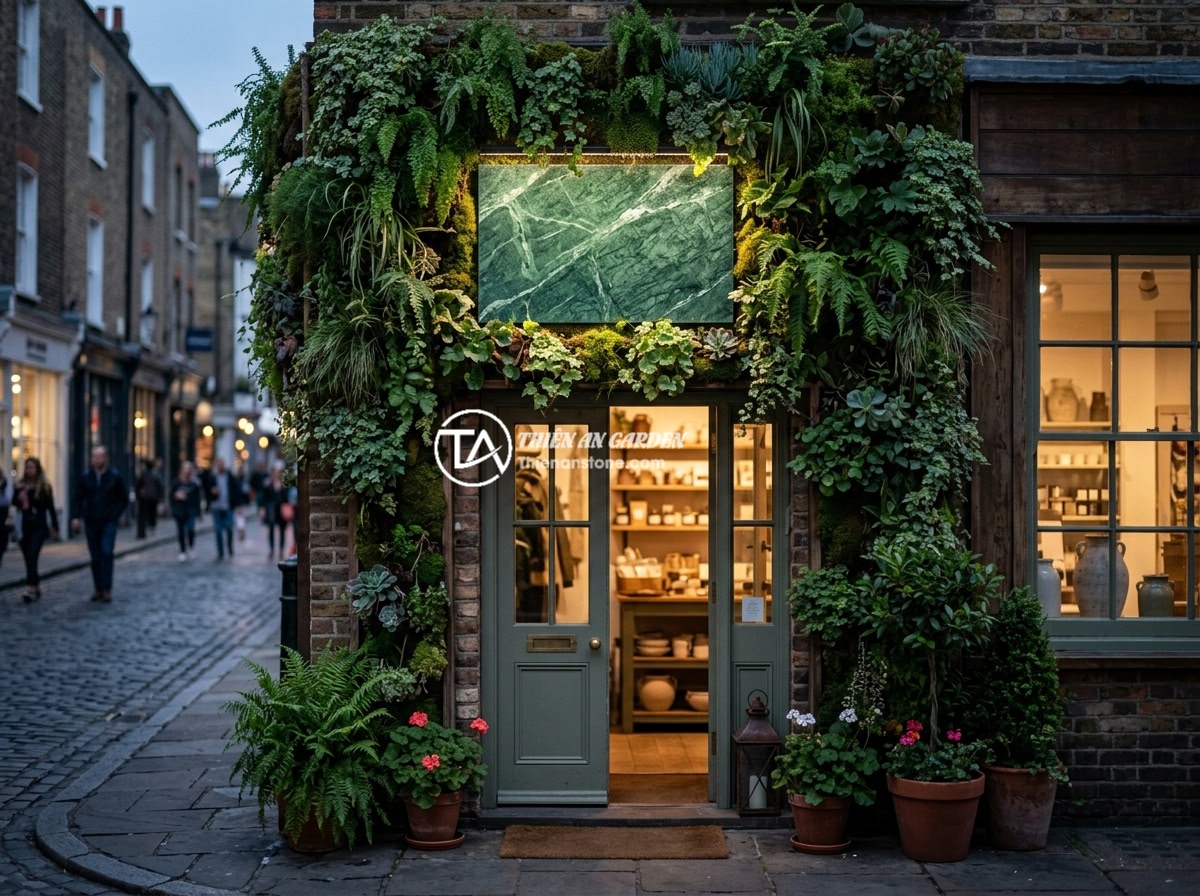 Bảng hiệu đá tự nhiên mini cho văn phòng nhỏ và tiệm kinh doanh cá nhân - A beautiful small business storefront featuring a mini natural stone signboard s