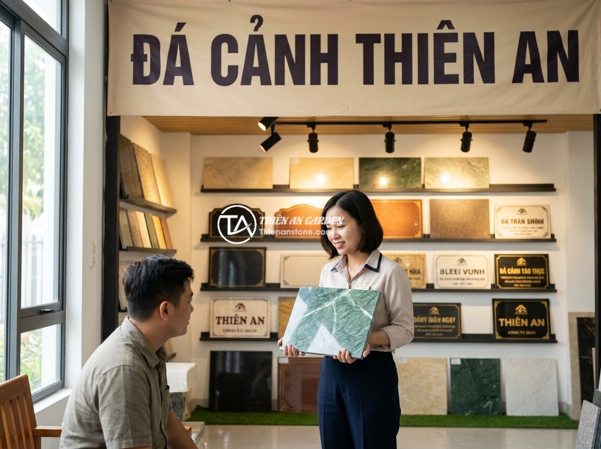 Bảng hiệu đá tự nhiên phong thủy: Cách chọn đá hợp mệnh mang lại may mắn cho kinh doanh - The Thien An Stone company showroom displaying an impressive collection of natur