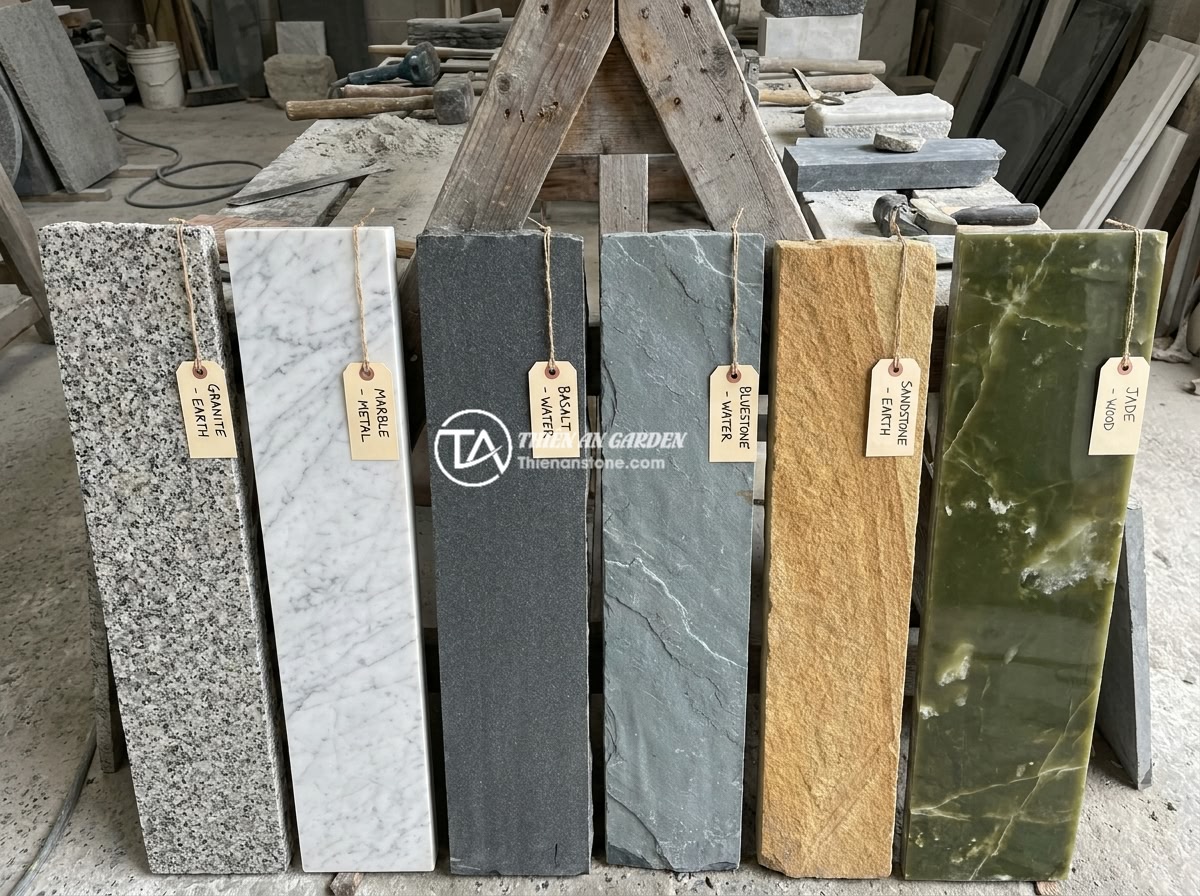 Bảng hiệu đá tự nhiên phong thủy: Cách chọn đá hợp mệnh mang lại may mắn cho kinh doanh - A collection of six different natural stone slabs displayed vertically in a ston