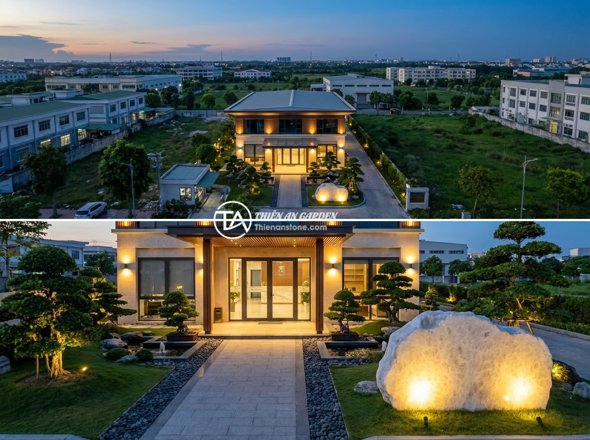 Bảng hiệu đá tự nhiên phong thủy: Cách chọn đá hợp mệnh mang lại may mắn cho kinh doanh - An aerial view of a Vietnamese company entrance with a beautifully placed natura