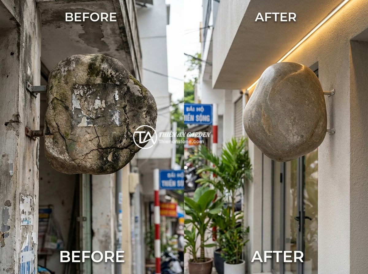 Bảng hiệu đá tự nhiên phong thủy: Cách chọn đá hợp mệnh mang lại may mắn cho kinh doanh - A before-and-after comparison showing a neglected, dirty, cracked natural stone 