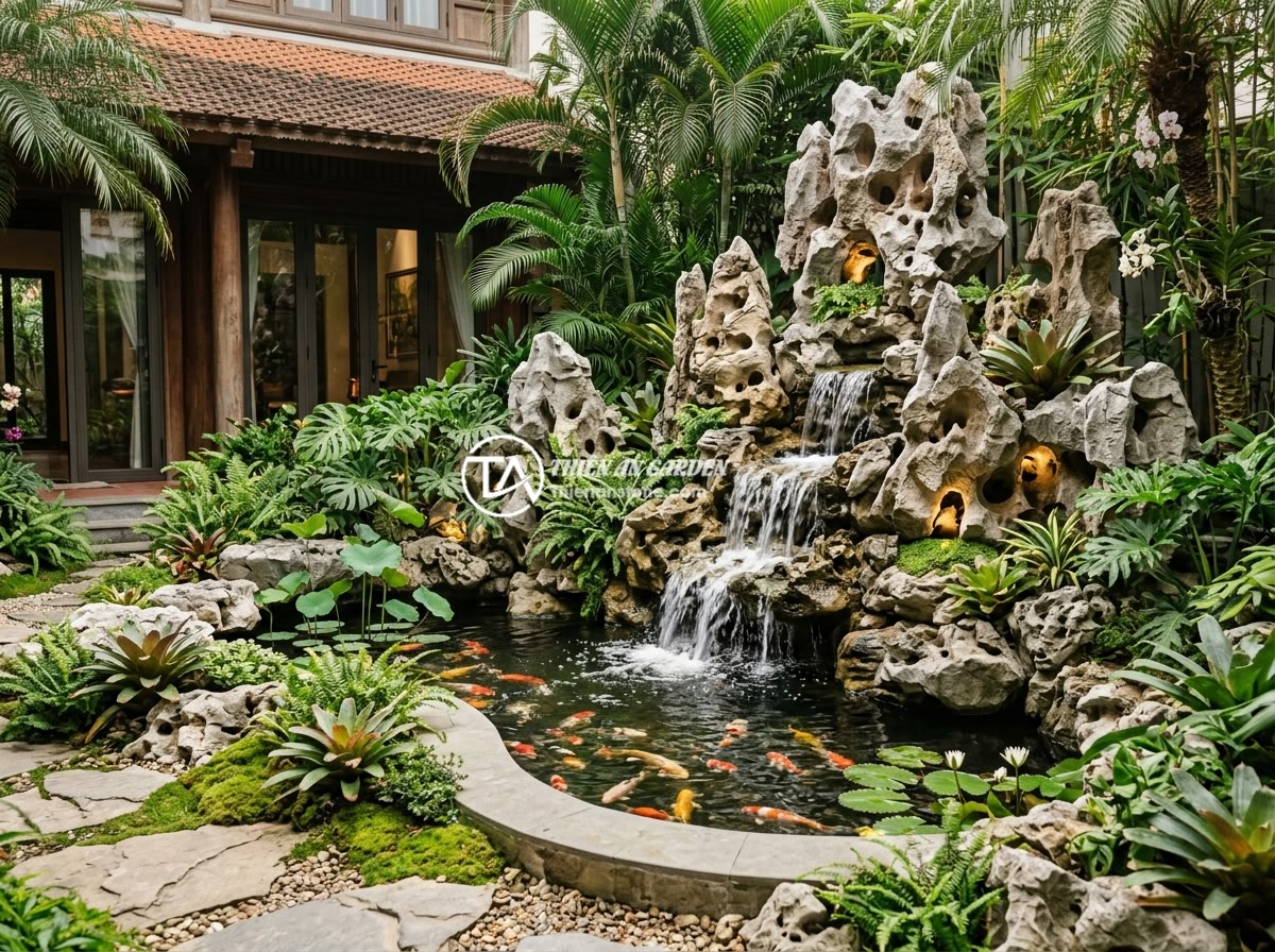 Báo giá đá tai mèo 2026: Mua đá tai mèo giá rẻ ở đâu uy tín? - Completed luxury cat ear stone landscape project in a Vietnamese villa garden wi