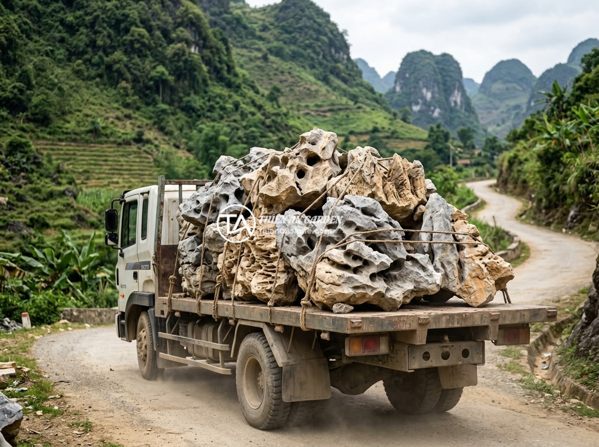 Báo giá đá tai mèo 2026: Mua đá tai mèo giá rẻ ở đâu uy tín? - Heavy truck loaded with large natural cat ear stones being transported on a moun