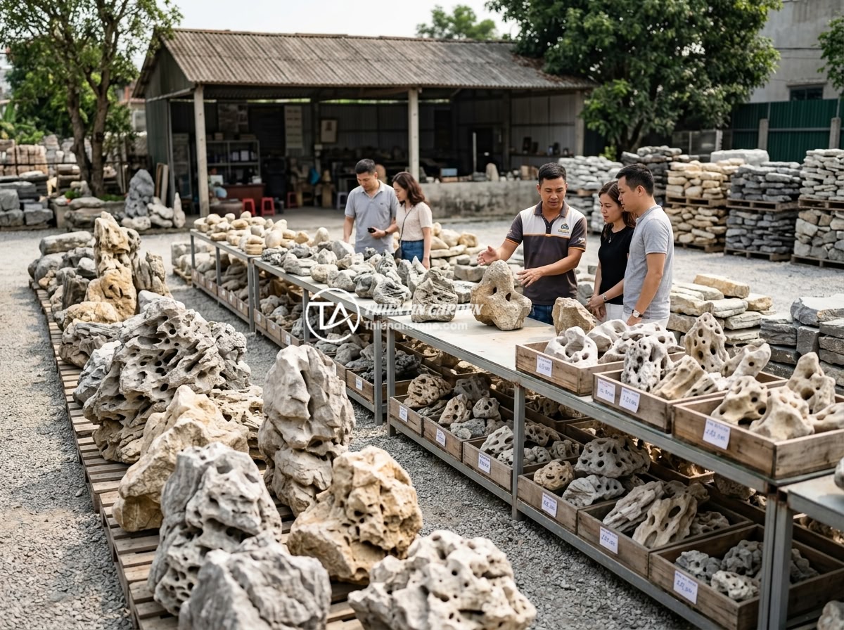 Báo giá đá tai mèo 2026: Mua đá tai mèo giá rẻ ở đâu uy tín? - A professional stone supplier showroom displaying various sizes and types of cat