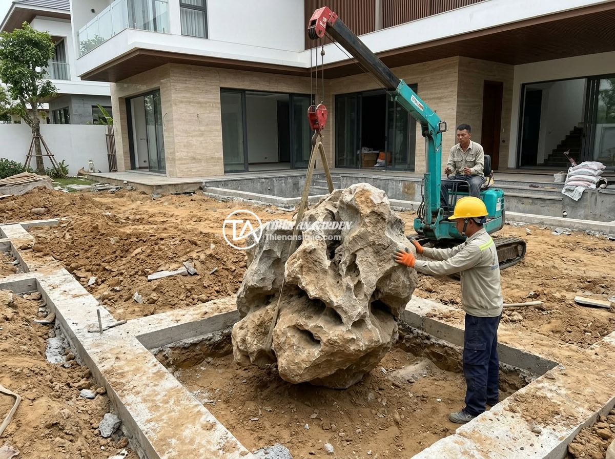 Báo giá đá tai mèo 2026: Mua đá tai mèo giá rẻ ở đâu uy tín? - Step-by-step construction process of a cat ear stone landscape in a luxury villa