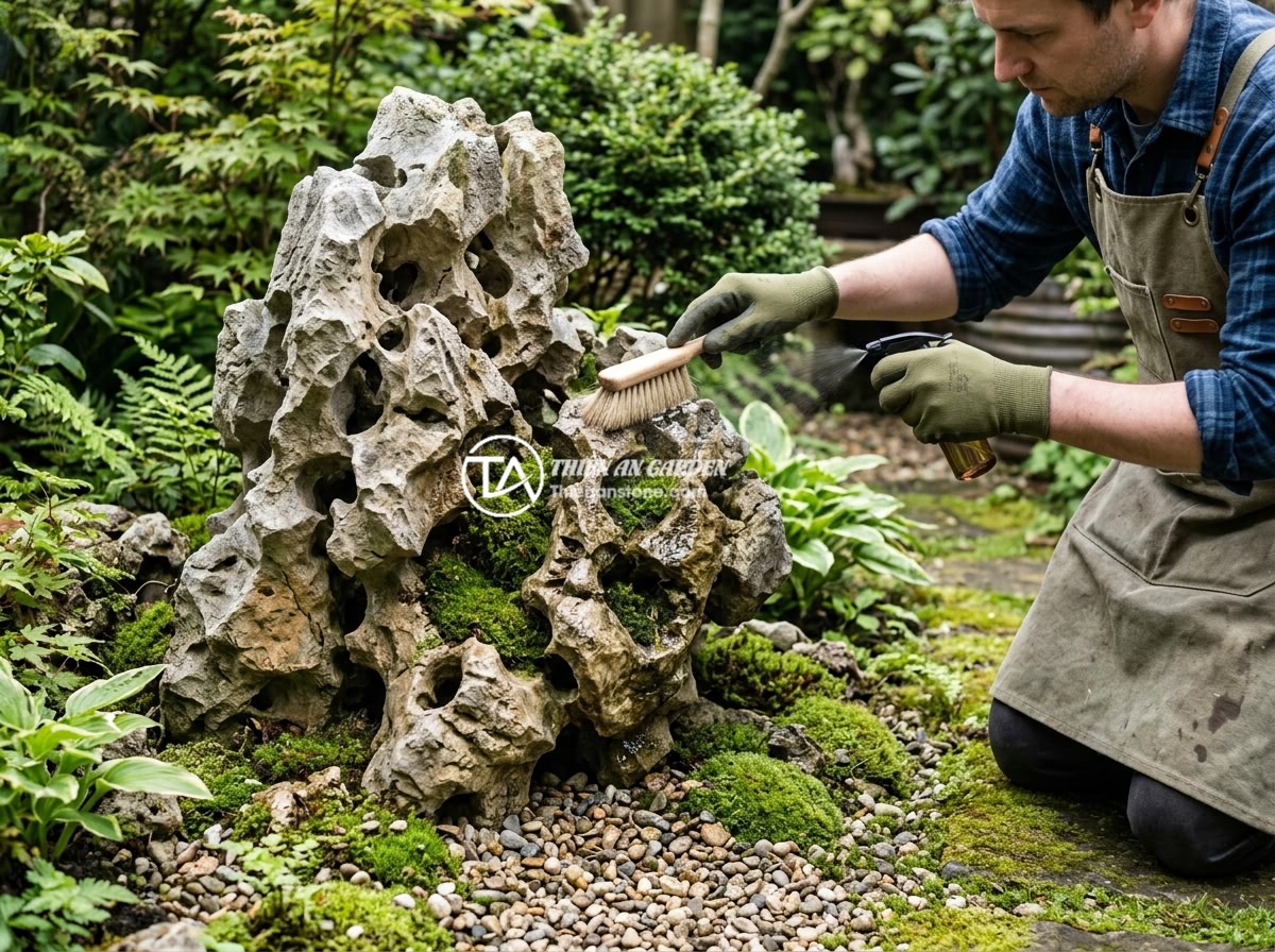 Báo giá đá tai mèo 2026: Mua đá tai mèo giá rẻ ở đâu uy tín? - Person carefully cleaning a cat ear stone garden feature with a soft brush and g