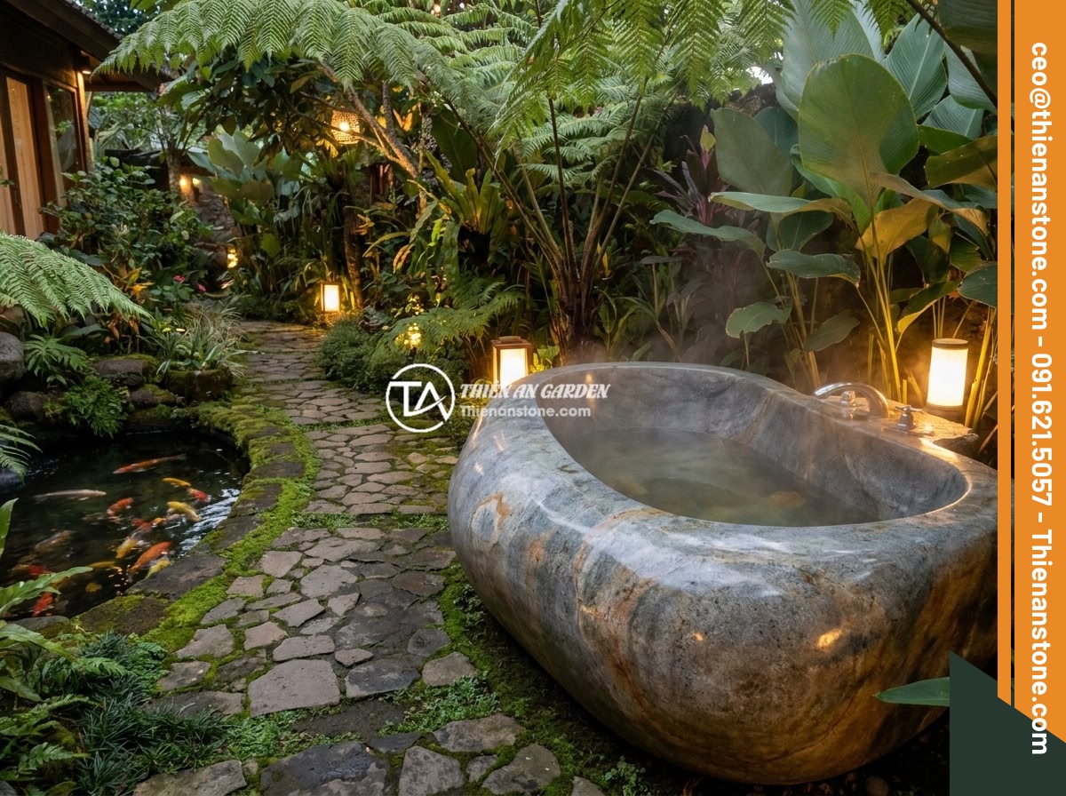 Báo Giá Thi Công Bồn Tắm Đá Tự Nhiên Trọn Gói Tại Đá Cảnh Thiên An - Outdoor natural stone bathtub placed in a tropical garden setting with lush gree