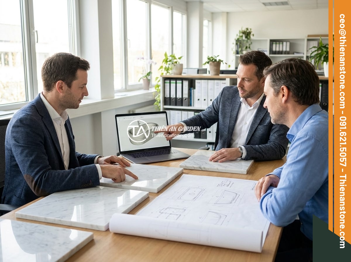 Báo Giá Thi Công Bồn Tắm Đá Tự Nhiên Trọn Gói Tại Đá Cảnh Thiên An - FAQ concept image showing a customer consulting with stone bathtub experts at a 