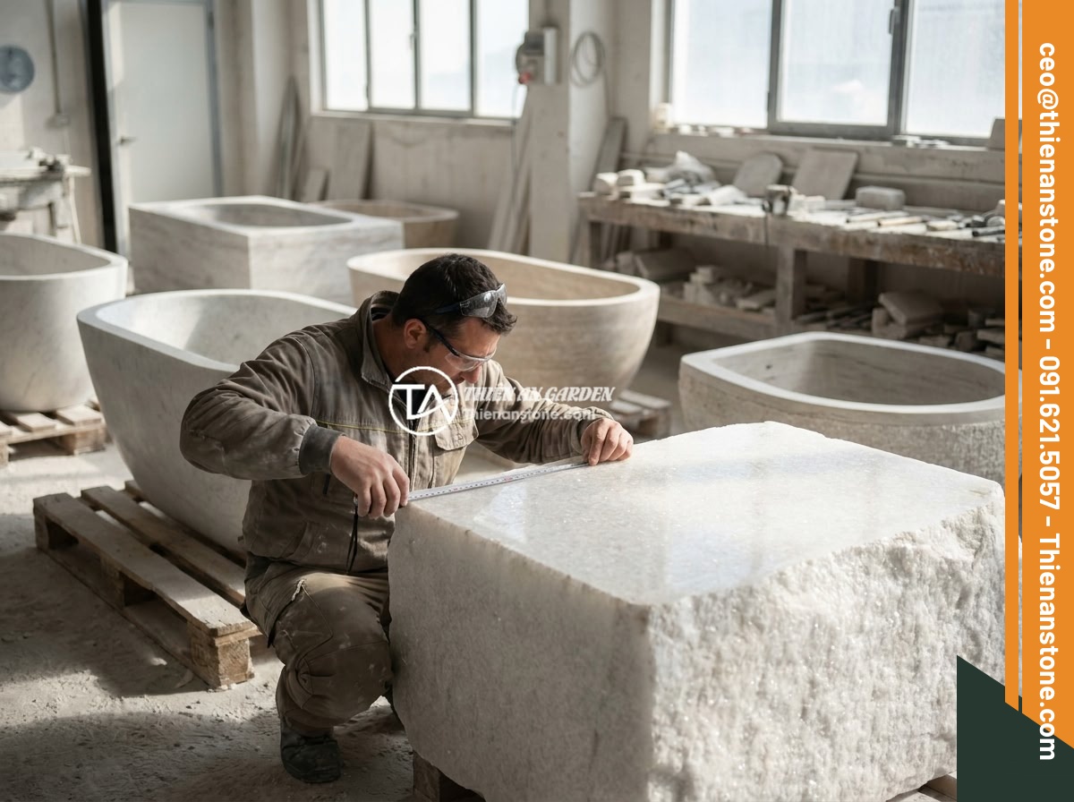Báo Giá Thi Công Bồn Tắm Đá Tự Nhiên Trọn Gói Tại Đá Cảnh Thiên An - Natural stone bathtub price quotation scene showing a craftsman measuring a larg