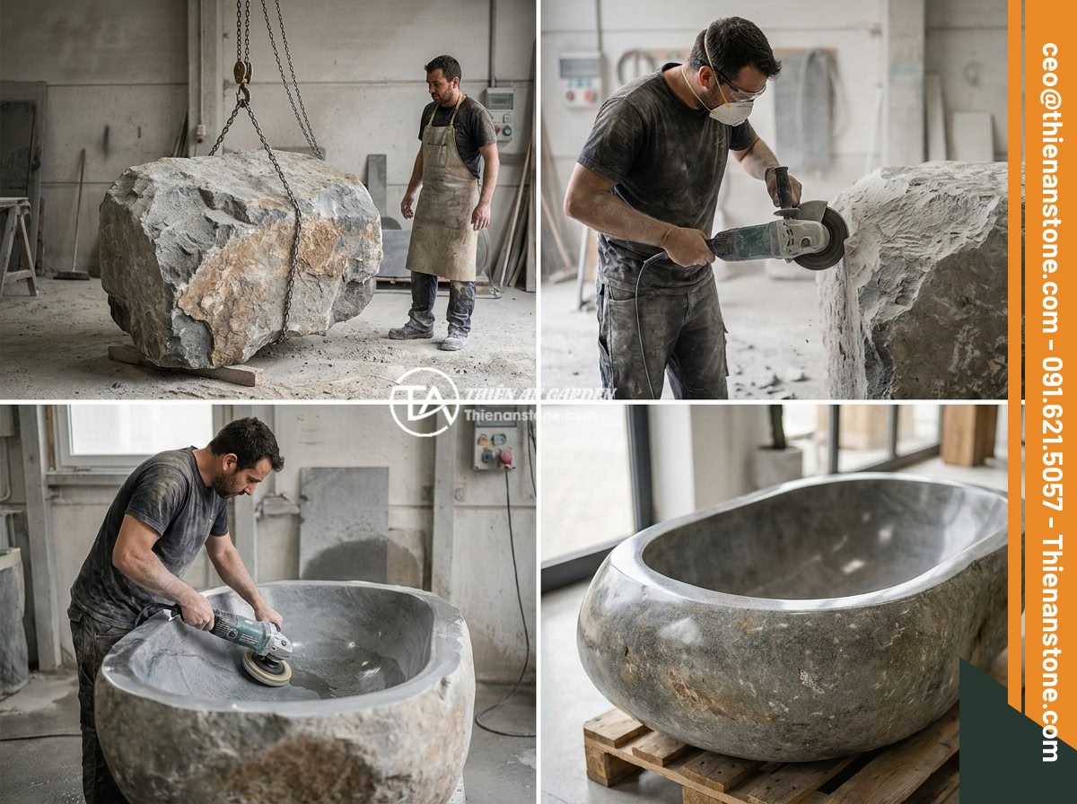 Báo Giá Thi Công Bồn Tắm Đá Tự Nhiên Trọn Gói Tại Đá Cảnh Thiên An - Step-by-step process of natural stone bathtub manufacturing showing raw stone bl