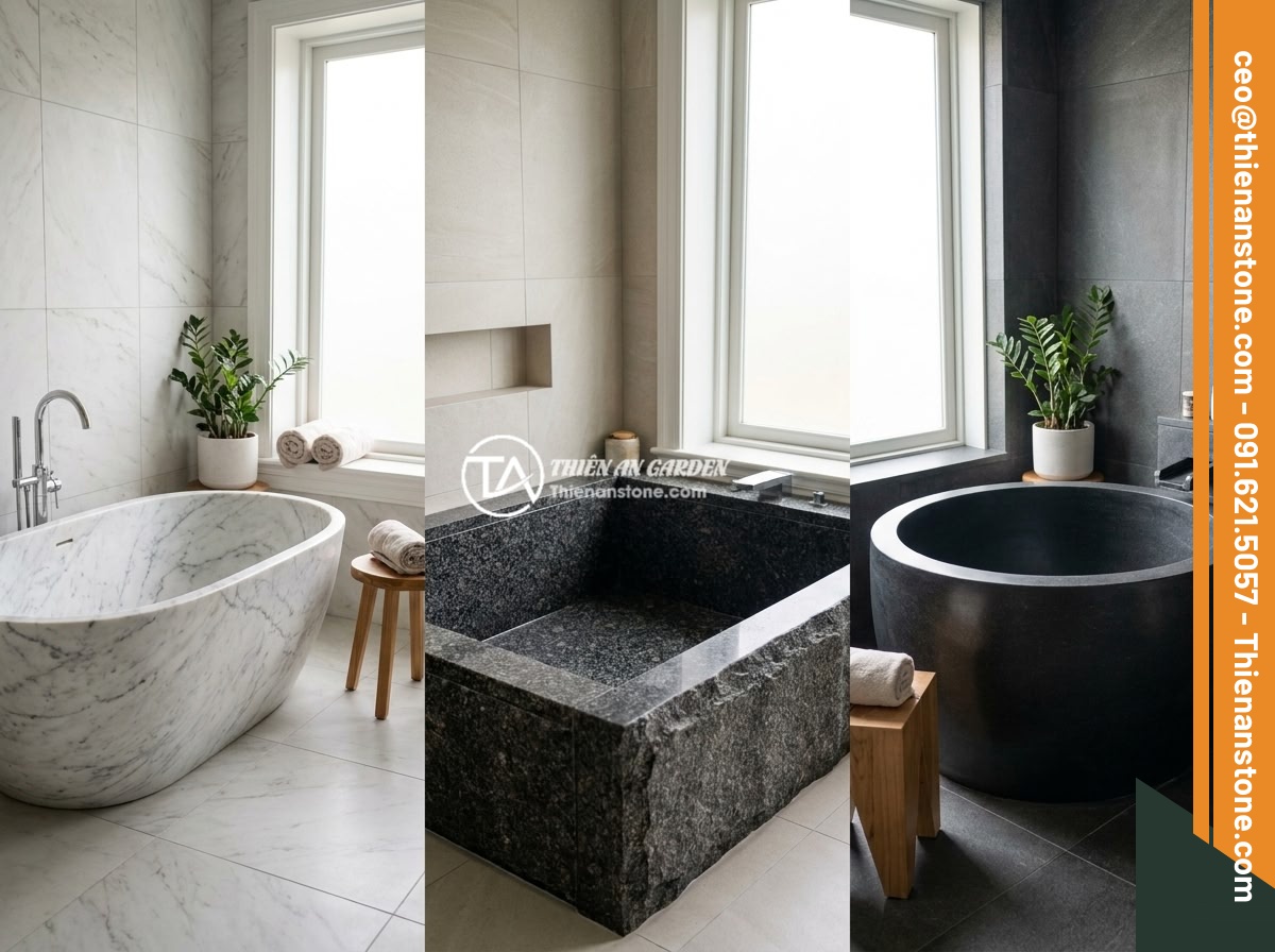 Báo Giá Thi Công Bồn Tắm Đá Tự Nhiên Trọn Gói Tại Đá Cảnh Thiên An - Three different natural stone bathtub designs displayed side by side: oval frees