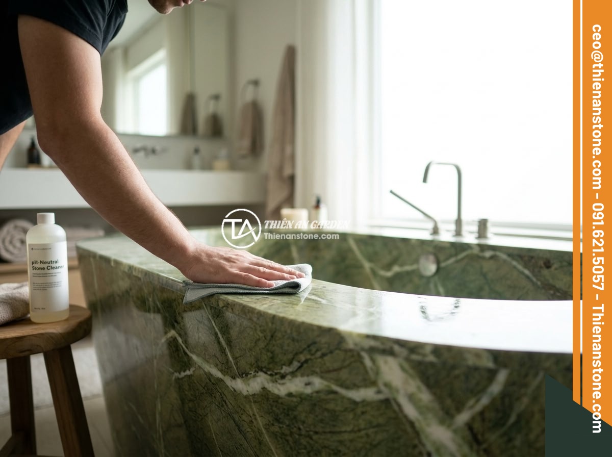 Báo Giá Thi Công Bồn Tắm Đá Tự Nhiên Trọn Gói Tại Đá Cảnh Thiên An - Person gently cleaning a polished white marble bathtub with a soft cloth and pH-